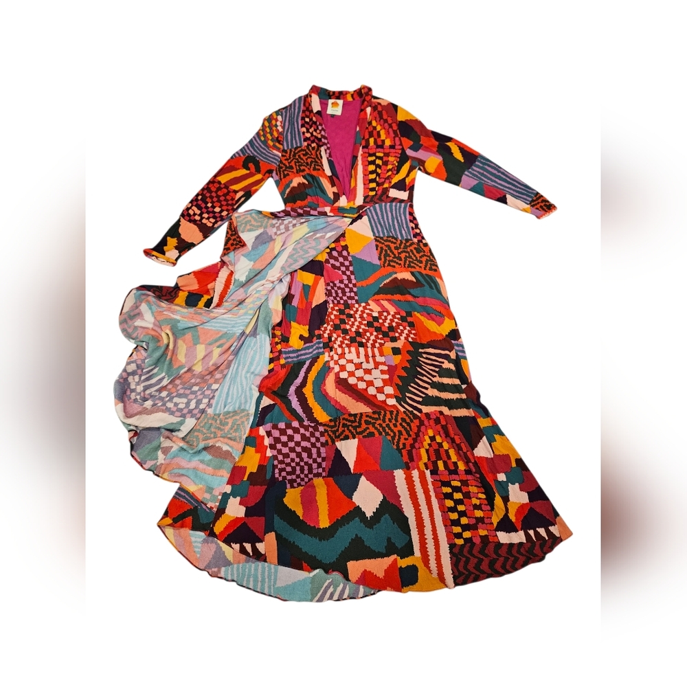 Farm Rio Red Abstract Patchwork Maxi Dress Long Sleeve Wrap Style Size Large - Picture 9 of 15